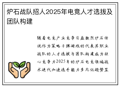 炉石战队招人2025年电竞人才选拔及团队构建