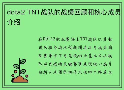 dota2 TNT战队的战绩回顾和核心成员介绍