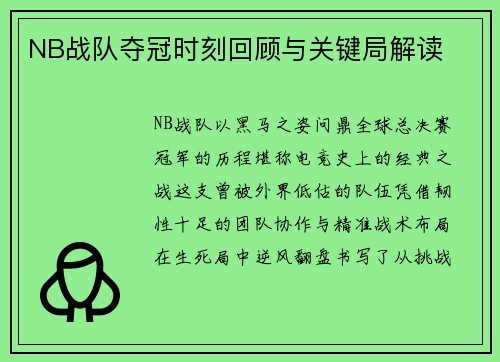 NB战队夺冠时刻回顾与关键局解读